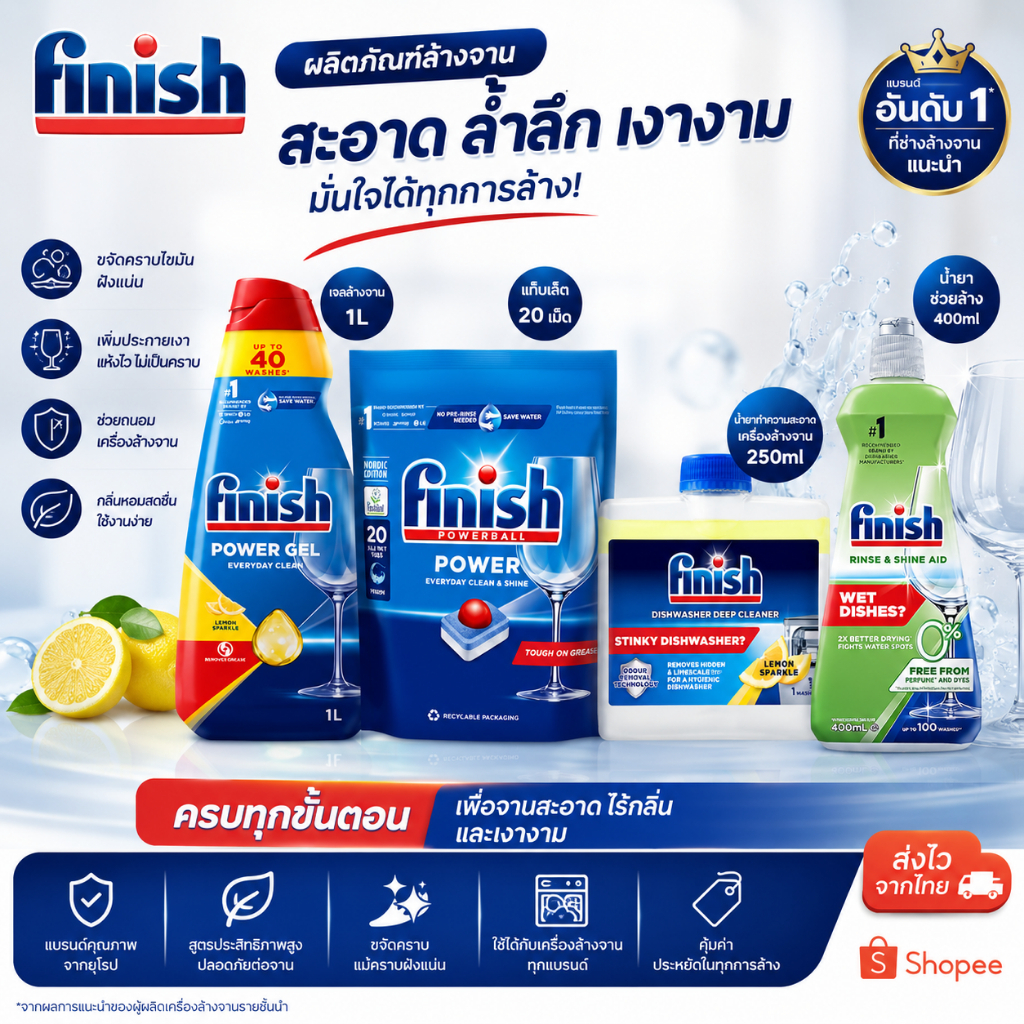 ผลิตภัณฑ์สําหรับเครื่องล้างจานอัตโนมัติ Powerball + Power Gel + Deep Cleaner + Rinse Aid