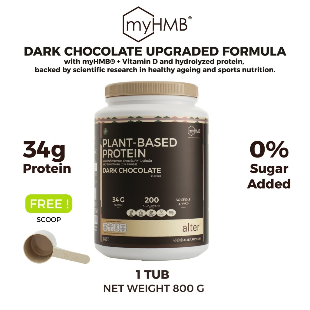 "UPGRADE NO SOY” 1 tub : Alter Plant-Based Protein Dark Chocolate with myHMB รสช็อกโกแลต ดาร์กช็อกโก
