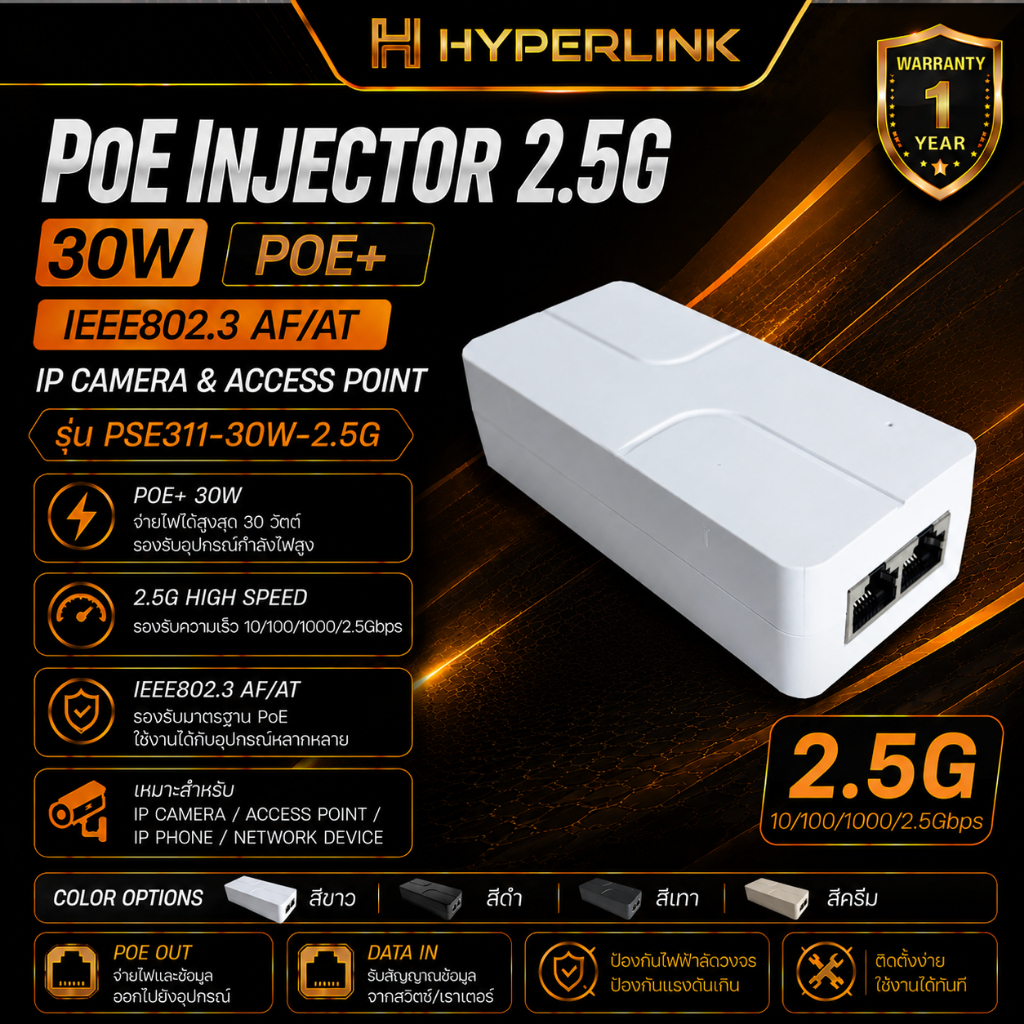 PoE Injector 2.5G 30W POE+ IEEE802.3 AF/AT IP Camera & Access Point (สีขาว) รุ่น PSE311-30W-2.5G