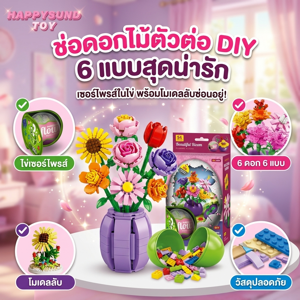 บล็อกตัวต่อดอกไม้สไตล์เลโก้ 6สีหลากสีสัน สร้างบรรยากาศโรแมนติก ของเล่นเด็กฝึกทักษะมือ เสริมพัฒนาการจินตนาการ