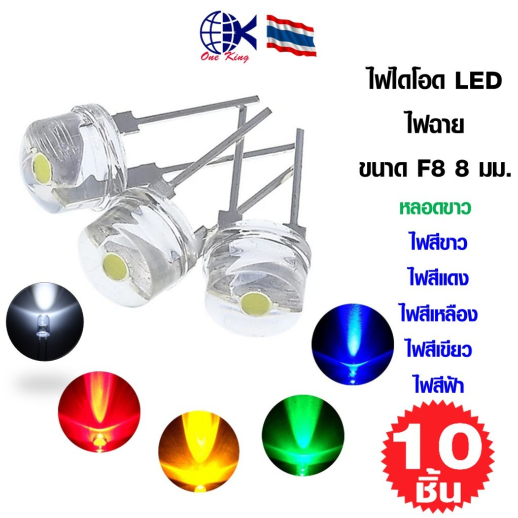 ไฟไดโอด ไฟฉาย หลอดสีขาว LED ขนาด F8 8 มม. 0.5 วัตต์ 3.0-3.2V หางปลาเสียบ หางปลาทองเหลือง ทองเหลือง หางปลากลม หางปลา