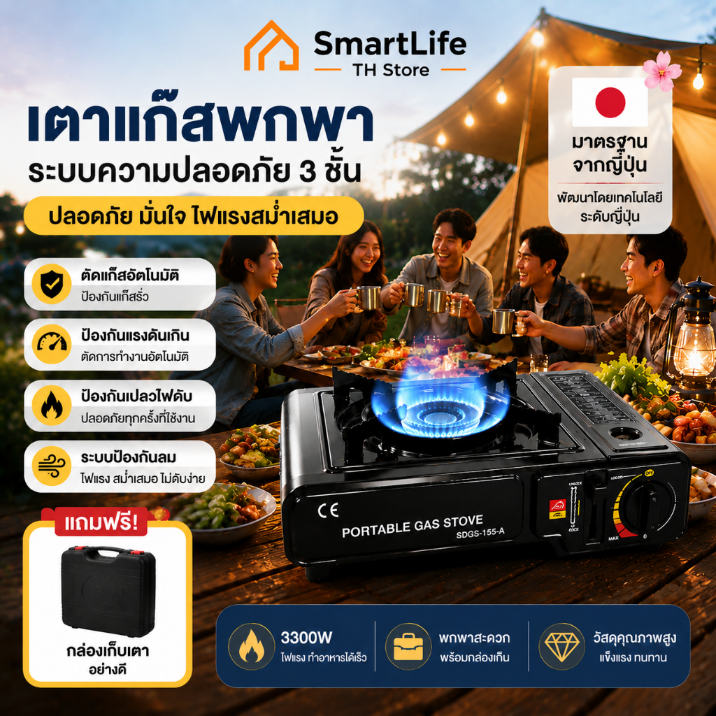 รับประกัน 5ปี เตาแก๊สปิคนิค แถมฟรีกล่องพกพา เตาปิคนิคสเปคญี่ปุ่น ไฟแรง 3.3KW ประหยัดแก๊ส ปลอดภัยสูง เตาแคมป์ปิ้ง