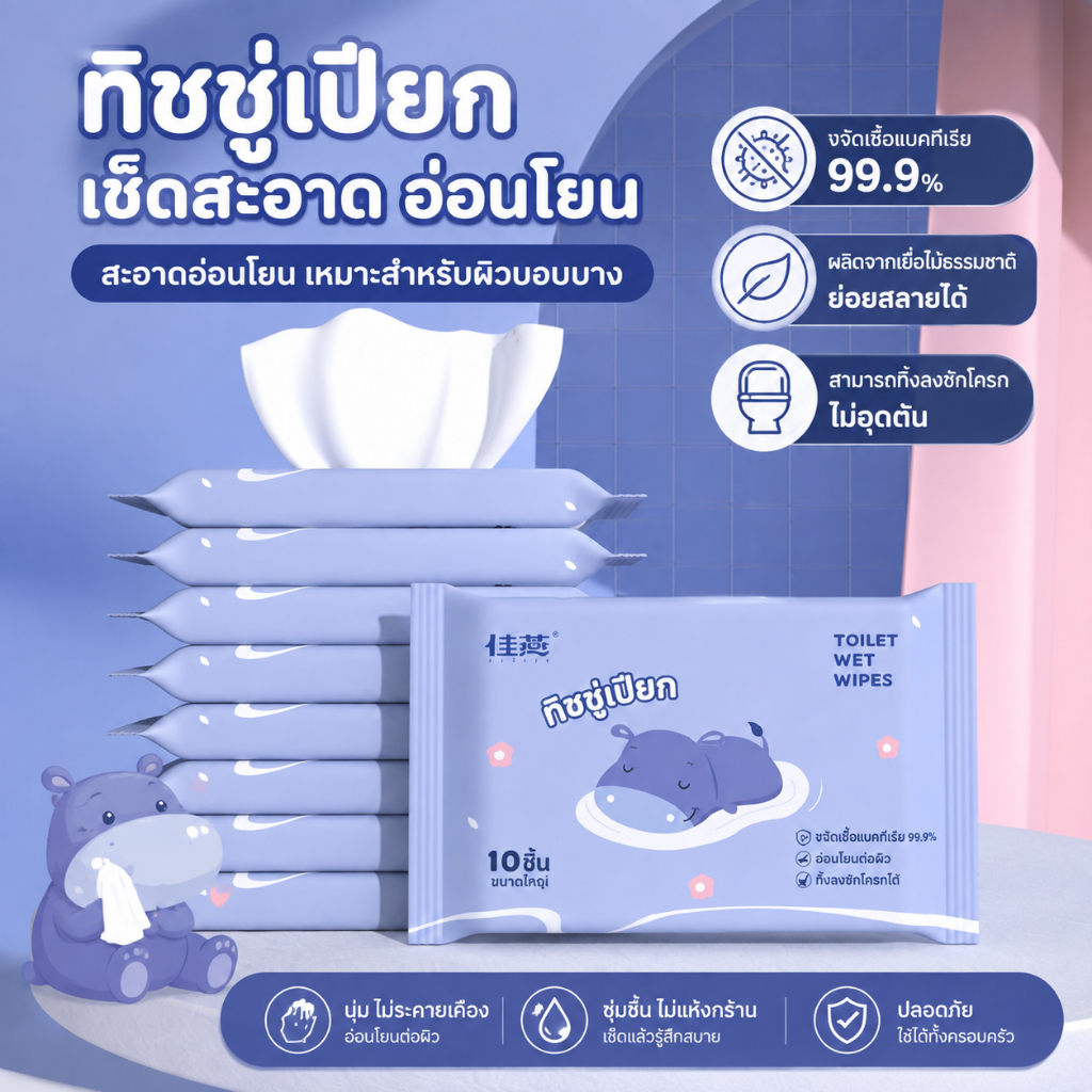 ทิชชู่เปียกชักโครกได้ ขนาดเล็กพกพาได้ 10ชิ้นห่อ ทำความสะอาดอ่อนโยนต่อผิว ยับยั้งแบคทีเรีย 99.9% ละลายน้ำได้ ไม่อุดตันท่