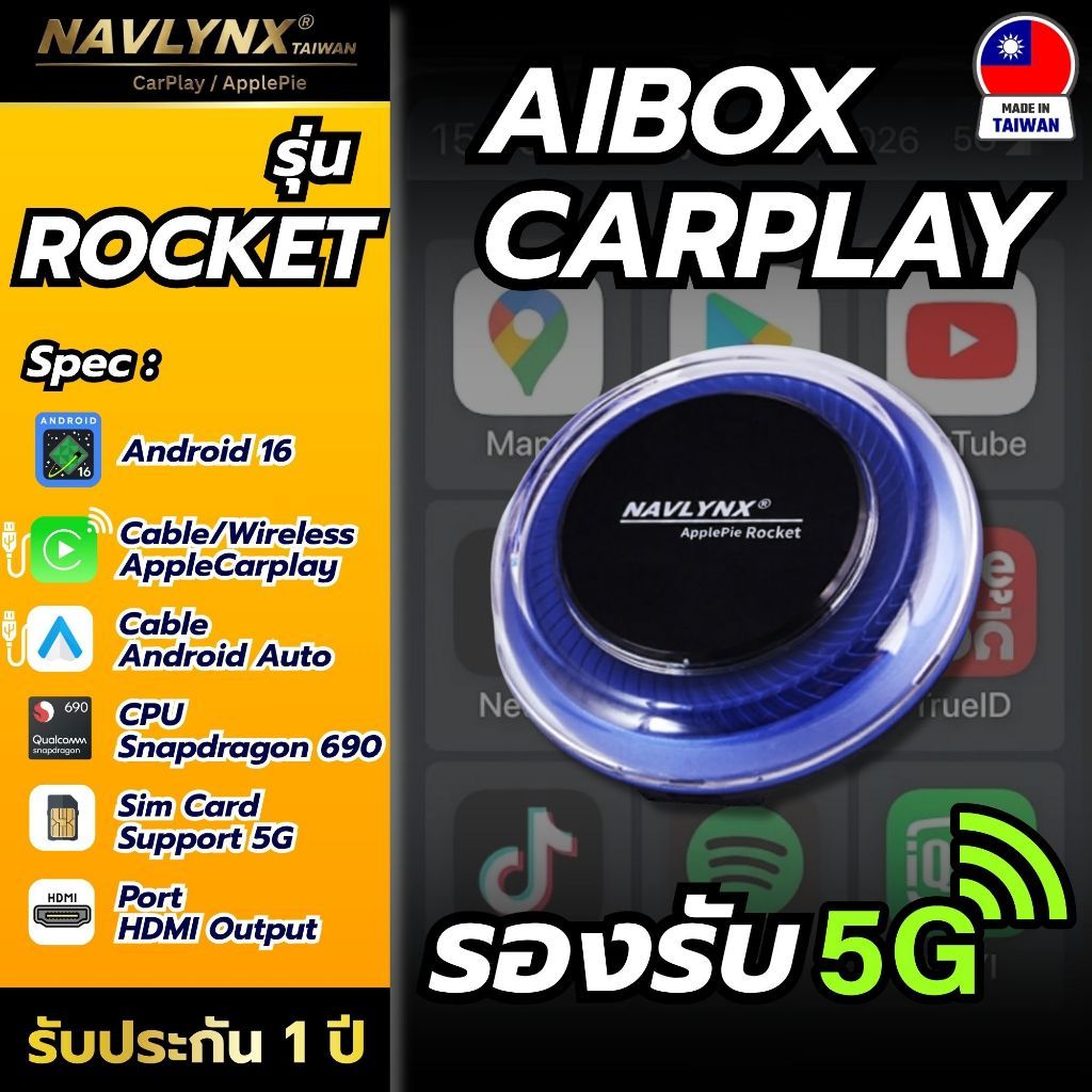 (ศูนย์ไทย) Navlynx Android Box รุ่นRocket 5G SM6350 Plug&Play มีHDMI OUT สำหรับรถยนต์ที่มีระบบCarpla