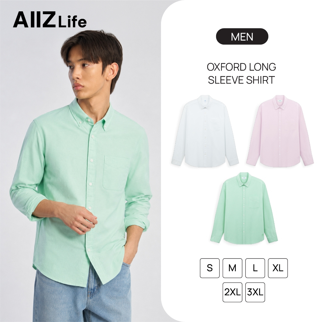 AIIZ (เอ ทู แซด) - เสื้อเชิ้ตผู้ชายแขนยาวผ้าอ๊อกฟอร์ดสีพื้น Men's Oxford Long Sleeve Shirts