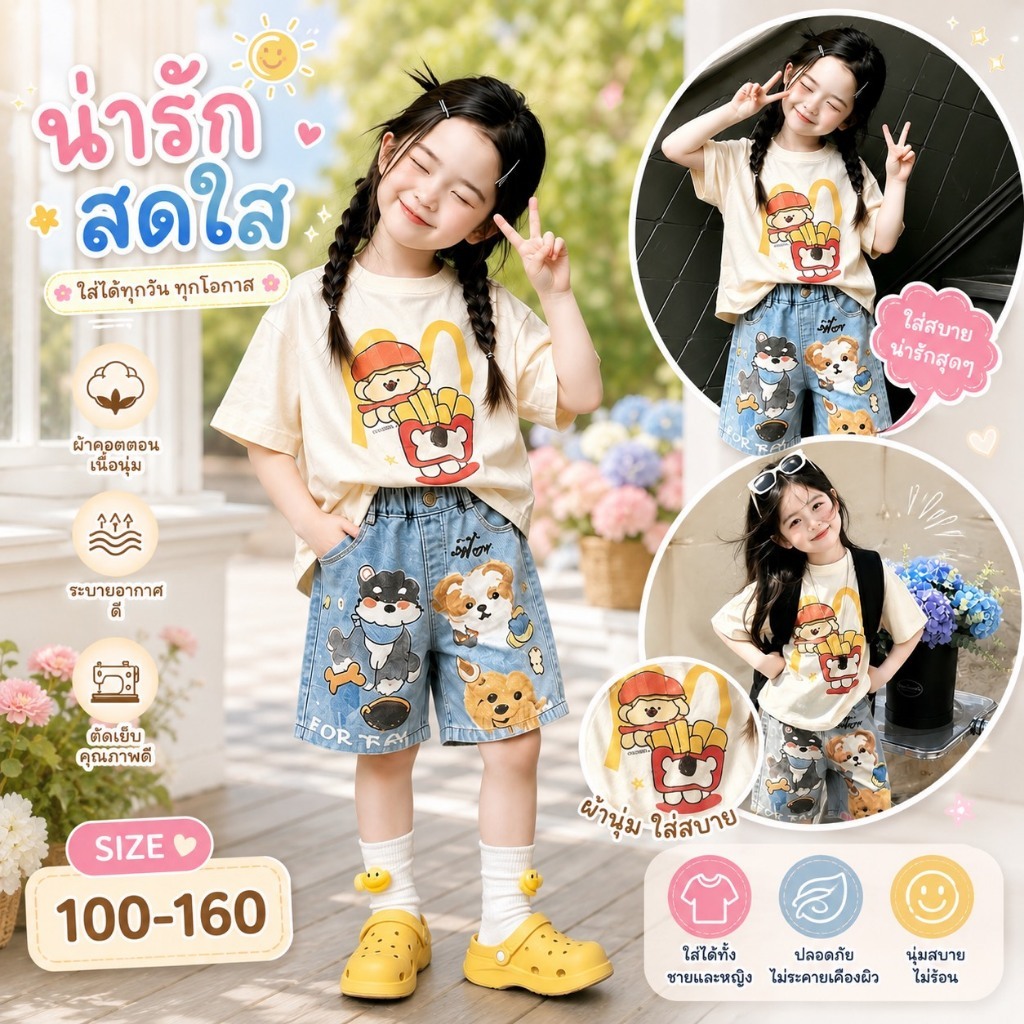 MC138 ชุดลำลองเด็กผู้หญิง เสื้อแขนสั้นลายน่ารัก กางเกงยีนส์พิมพ์ลาย ไซซ์ 100-160