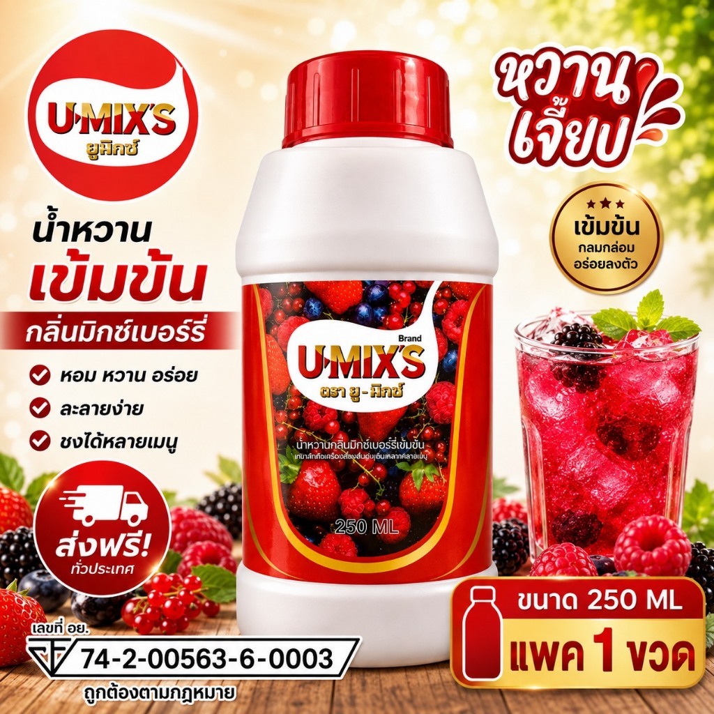 (แพ็ก 1 ขวด) 250 ML !! U-MIX'S น้ำหวานกลิ่นผลไม้รวมเข้มข้น (ยู-มิกซ์) ปริมาณ 250 ML แถม ปากกา1 ด้าม