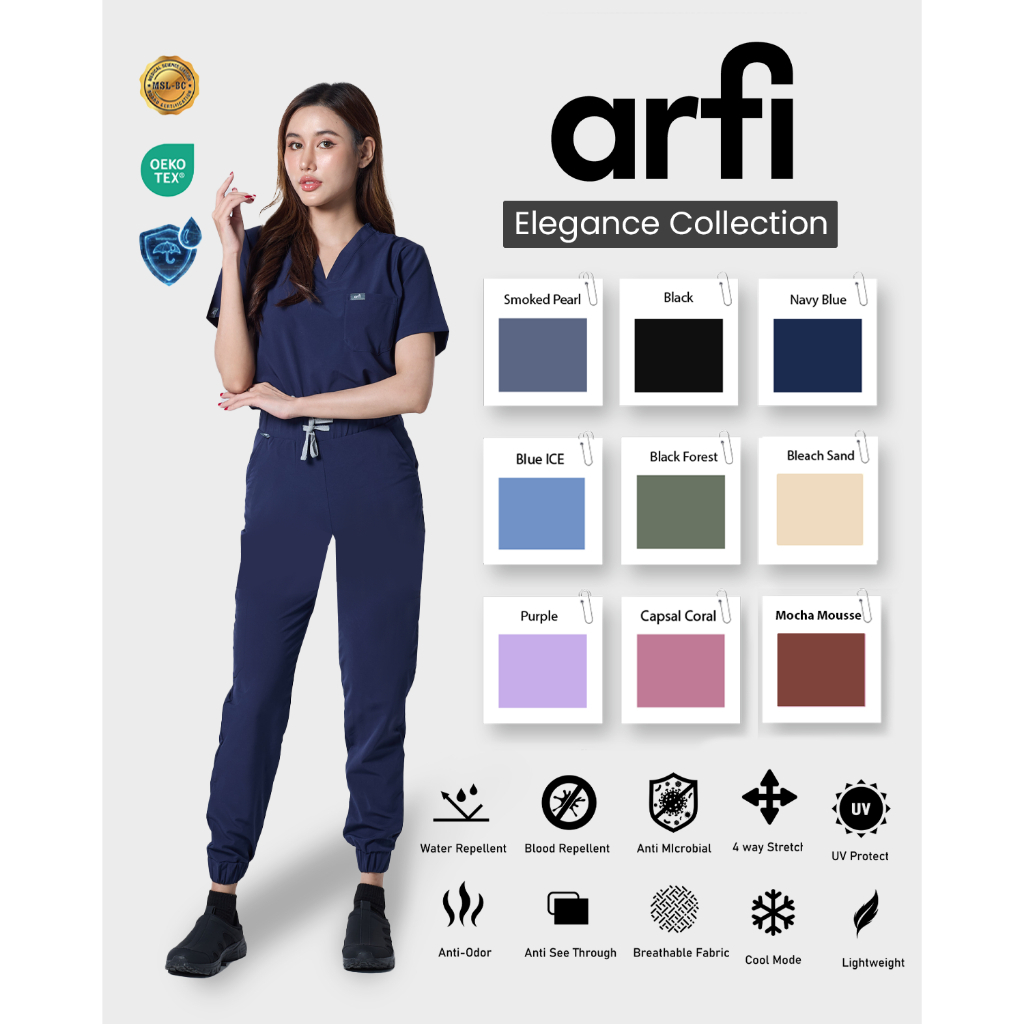 Arfi Scrub Elegance Female Set กางเกงสครับรุ่นขาจั๊มผู้หญิง ผ้าสะท้อนน้ำ ป้องกันแบคทีเรีย ยับยาก ผ้า