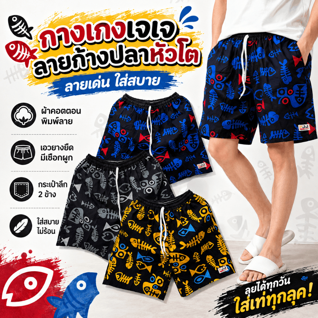 กางเกงเจเจแท้ ขาสั้นไซส์ M/L/XL ลาย"ก้างปลาหัวโต"ร้านคละสีให้ ผ้าคอตตอนนิ่มหนา ใส่สบาย ผู้ชาย ผู้หญิง ไม่ตกสี