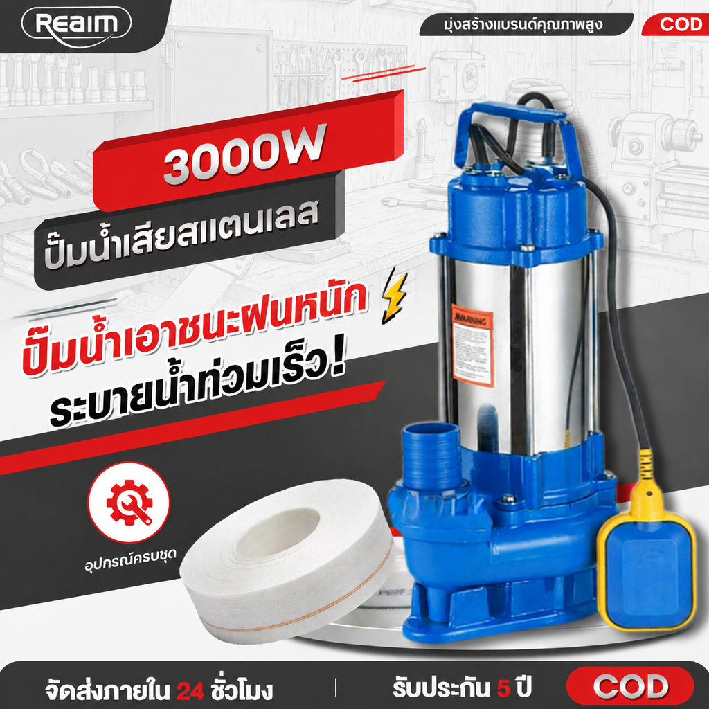 รับประกัน 5 ปี REAIM ปั้มแช่ดูดโคลน 2 นิ้ว ตัวเครื่องสแตนเลส ระบบลูกลอยอัจฉริยะ สายไฟ 7 เมตร