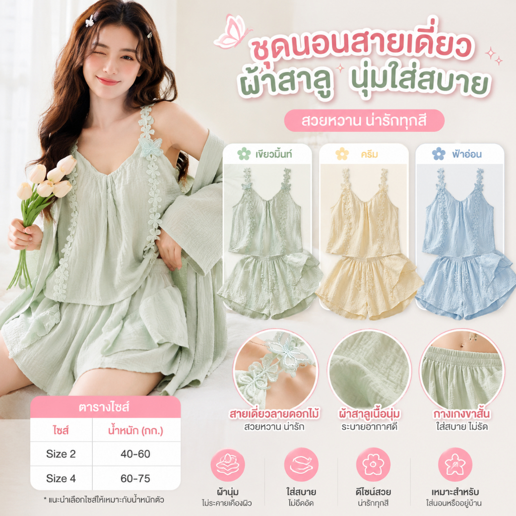 ชุดนอนผู้หญิงฤดูร้อนรุ่นใหม่ ผ้าฝ้ายนุ่มเหมือนเมฆ เสื้อกล้ามสายเดี่ยวมีแผ่นรองหน้าอก ลายดอกไม้ปั้มสามมิติ คู่กับกางเกงขา