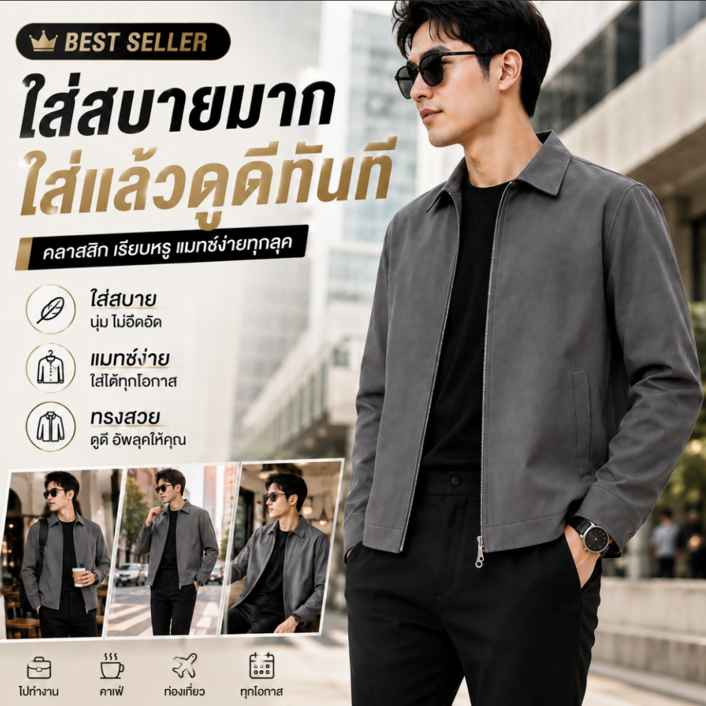 เสื้อแจ็คเก็ตผู้ชาย Business Casual เสื้อคลุมผู้ชาย ใส่ทำงาน ผ้าไม่ยับ ระบายอากาศ ใส่สบาย ใส่เที่ยวได้ ทรงหล่อ