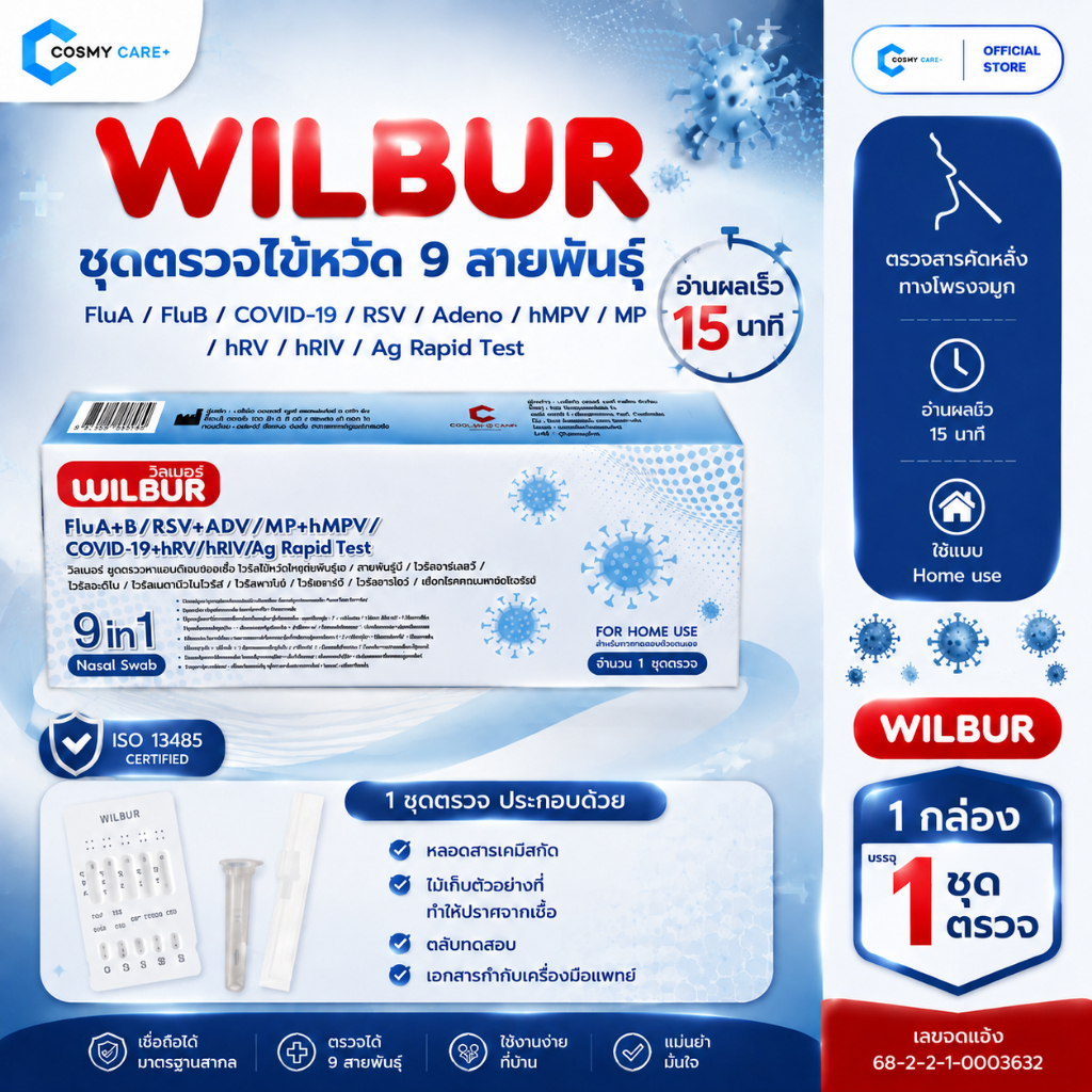 WILBUR ชุดตรวจเชื้อไวรัส 9IN1 รู้ผลแม่นยำ ใช้ใน 15-20 นาที ตรวจ COVID-19 RSV A B ADV MP HPIV1.2 คุณภาพสูง (1/3/เทส)