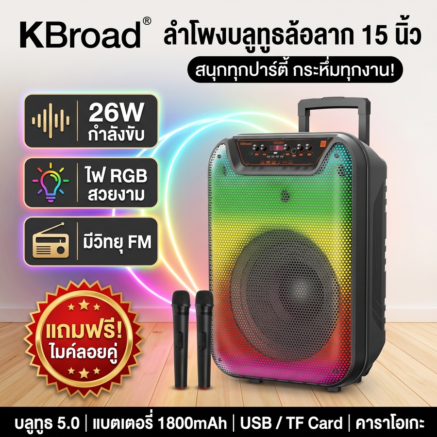 ลำโพงบลูทูธ KBroad รุ่น KTS-2233 ลำโพงล้อลาก 15 นิ้ว พร้อมไมค์คู่ แสงไฟ RGB เสียงกระหึ่ม