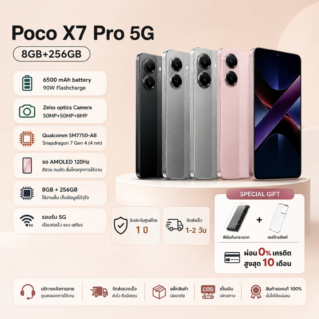 Poco X7 Pro 5G 6.67” AMOLED 120Hz RAM 8GB ROM 256GB กล้อง 50MP แบตเตอรี่ 6000mAh
