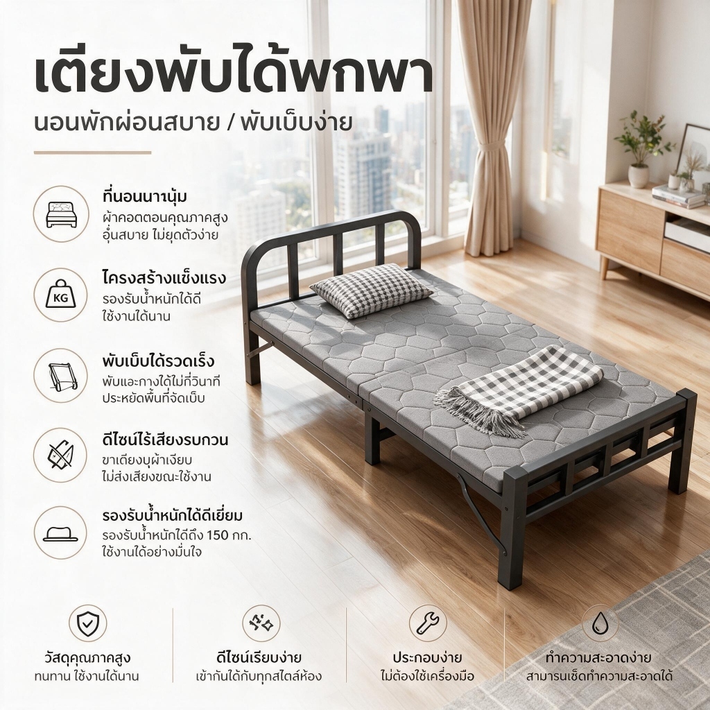 พร้อมส่งเร็ว เตียงพับ เตียงพับเดี่ยวพกพา เตียงเสริมสำหรับใช้ในบ้าน เหมาะนั่งและนอนพักผ่อน