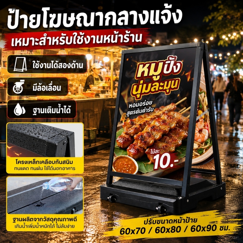 【รุ่นอัปเกรด】ขาตั้งป้าย 60x90cm กันลม 100% ใช้ได้สองด้าน ใส่น้ำถ่วงได้ ล้อเลื่อนเรียบ เหมาะกับทุกร้าน