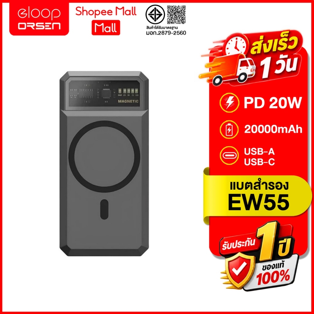 (ถูกสุด ส่งไว) Eloop EW55 (สีเทา) แบตสำรอง 20000mAh PD 20W ชาร์จไร้สาย สินค้าของแท้100%