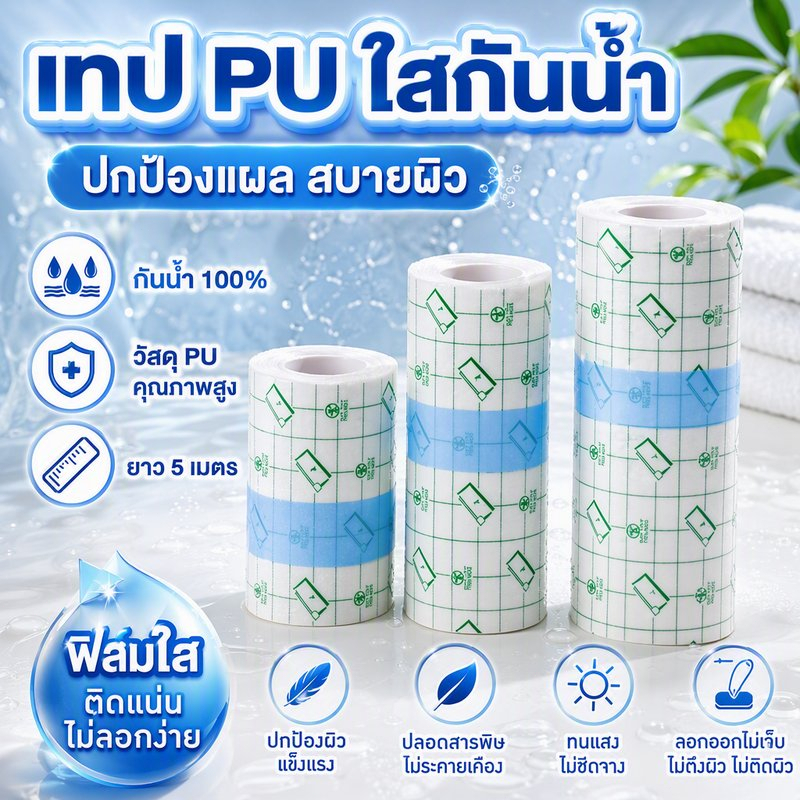 พลาสเตอร์กันน้ำ ฟิล์มใส แผลสัก ผ่าตัด ม้วนใหญ่ 5 เมตร กว้าง 5-20 ซม. พร้อมส่ง PUแ ผ่นฟิล์มใส