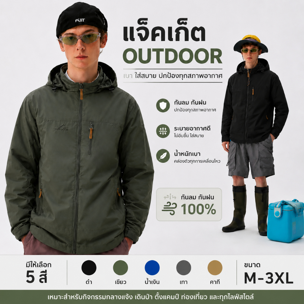 แจ็คเก็ตวินด์เบรคเกอร์ผู้ชาย สไตล์กลางแจ้ง กันละอองน้ำ ผ้าสบายตัว เหมาะปีนเขาแคมป์ปิ้งหลายสี