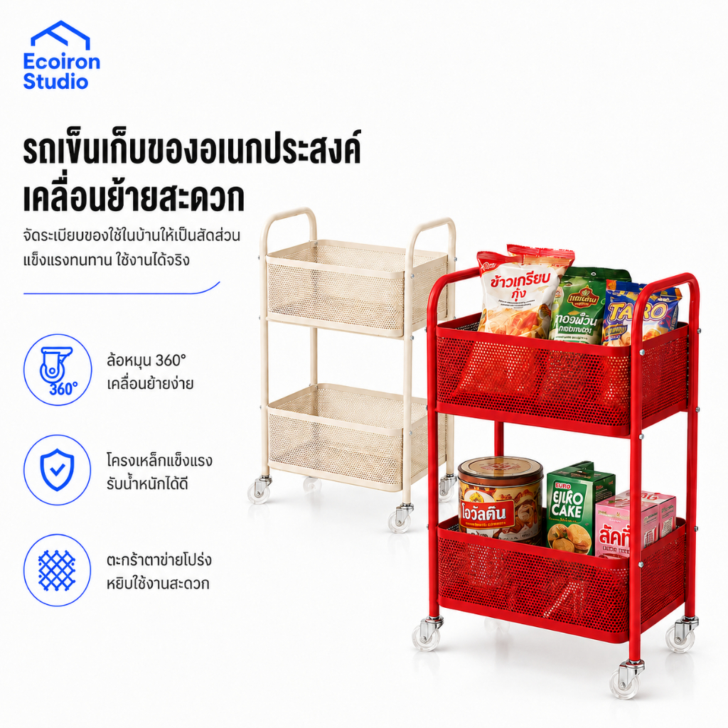 Ecoiron Studio รถเข็นเก็บของ 2 ชั้น ตะแกรงเหล็ก มีล้อ 360° รถเข็นขนม ชั้นวางของอเนกประสงค์ สำหรับห้องครัว