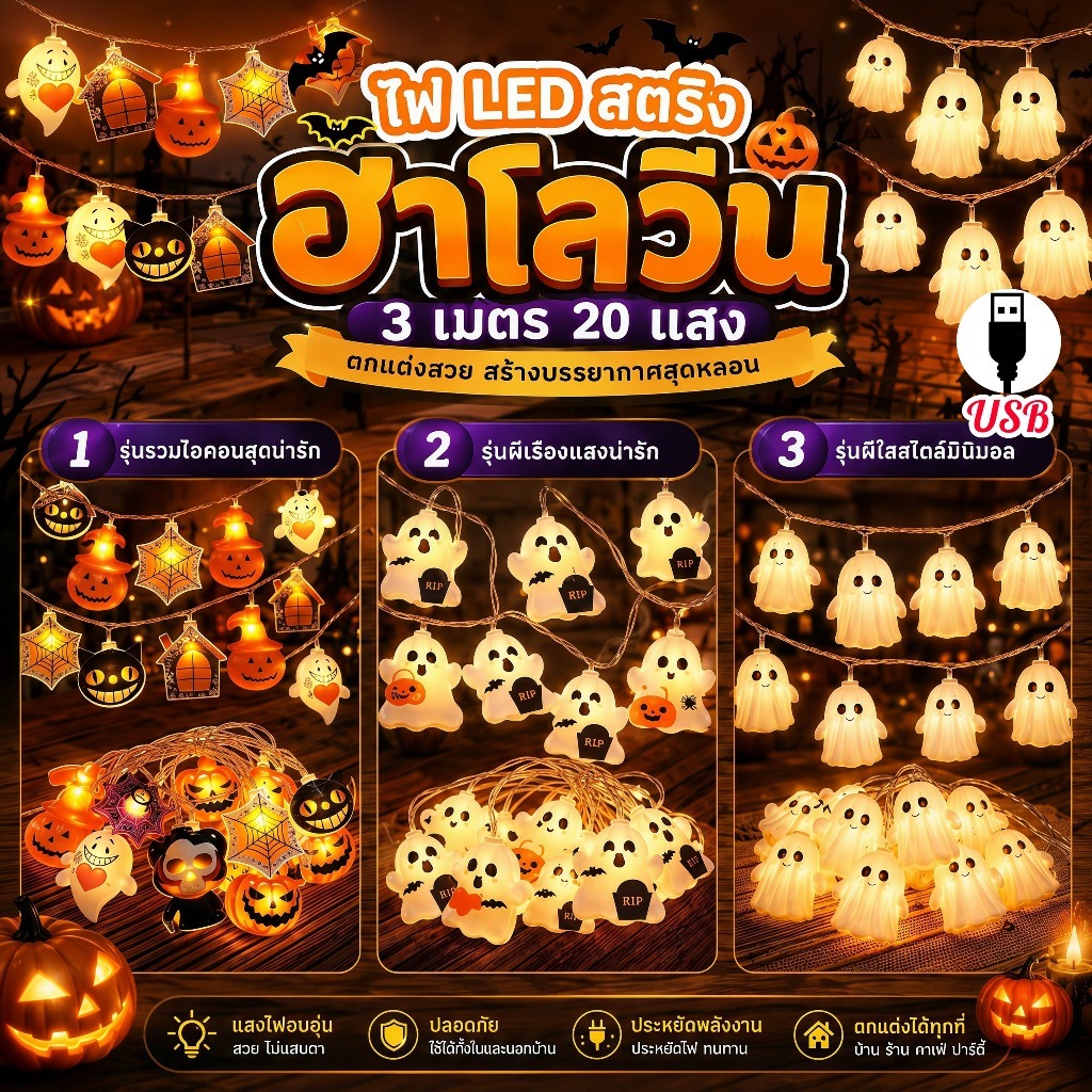 ฮาโลวีน สายไฟประดับ โคมไฟฟักทองฮาโลวีน ยาว3เมตร LED 20 ดวง สําหรับแขวนตกแต่งปาร์ตี้ฮาโลวีน อุปกรณ์ตกแต่ง
