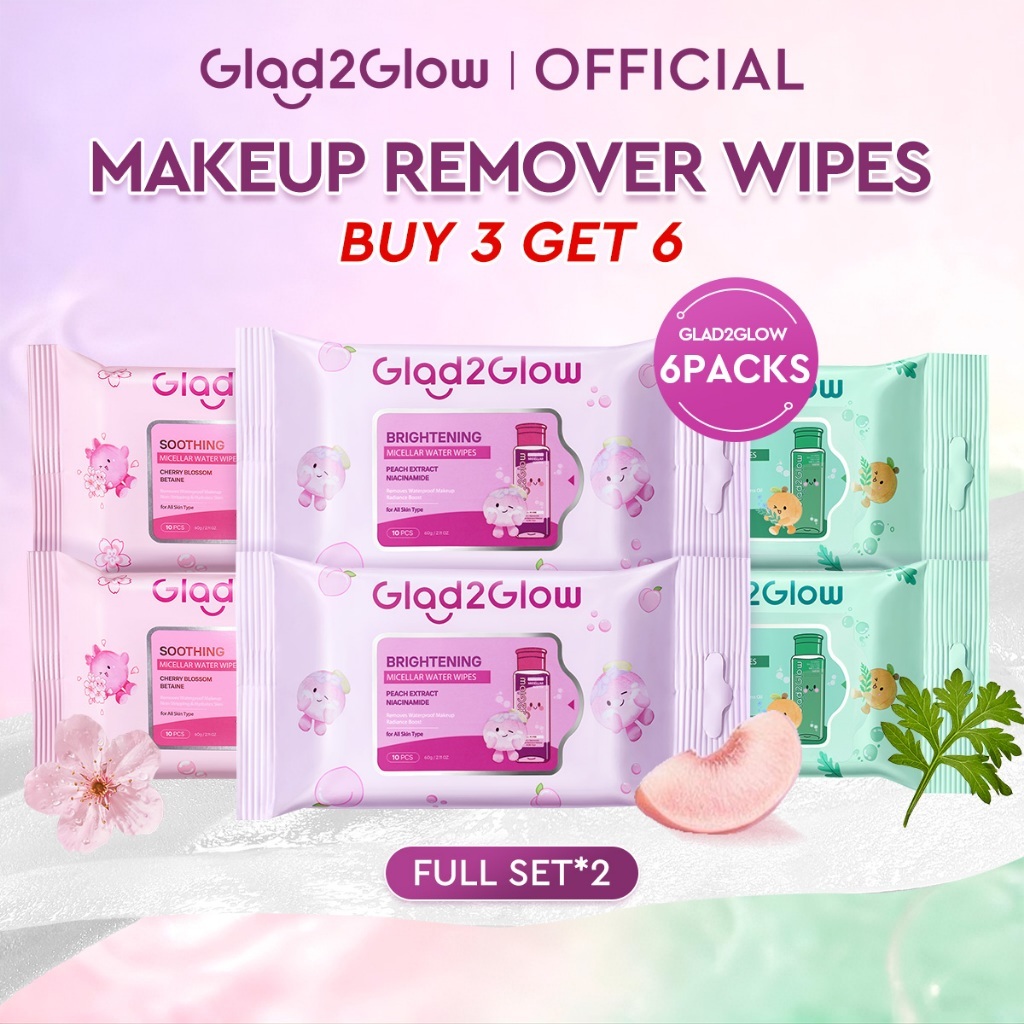 【BUY 3 GET 6】Glad2Glow Micellar Water Wipes Brightening Soothing Acne Care คลีนซิ่งแผ่นเช็ดเครื่องสำอาง 10PCS