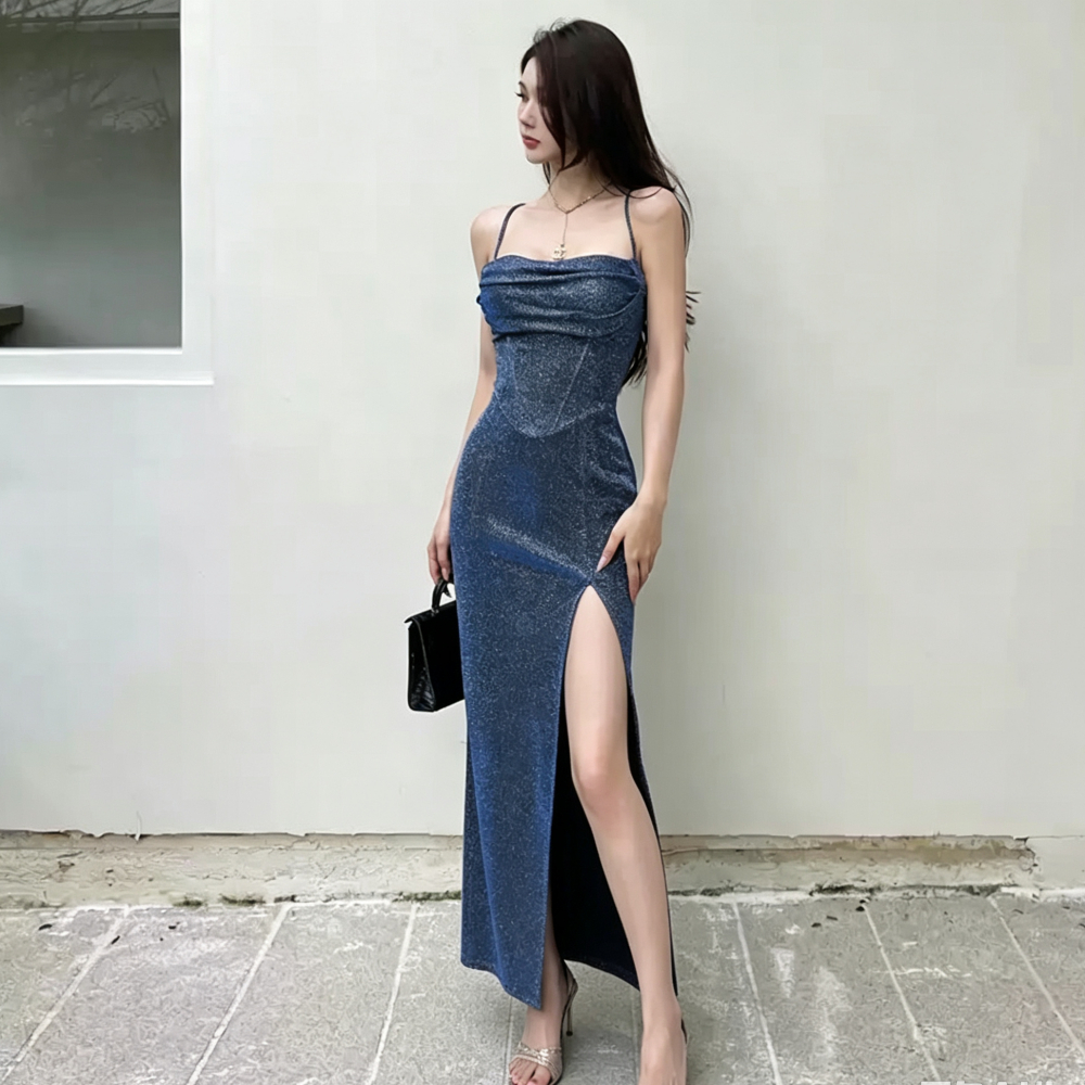ผู้หญิง มินิมอล แฟชั่น prom dress เซ๊กซี่ สายเดี่ยว กลิตเตอร์ คอพับ มีร่องขาสูง ชุดราตรี พร้อมส่ง