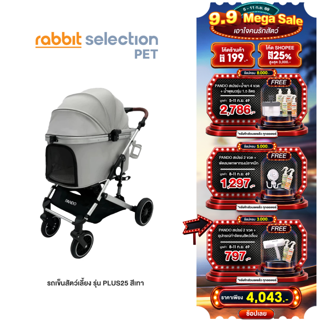 (ของแถม+โค้ดลด 199.-) PANDO Pet Trolley PLUS25 รถเข็นสำหรับสัตว์เลี้ยง รุ่น พลัส 25 สีเทา