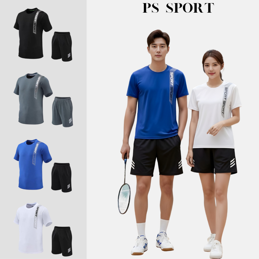 ps sport ชุดกีฬา 2 ชิ้น ( เสื้อเชิ้ตแขน สั้น + กางเกงขาสั้น ) ( ผู้ชาย / หญิง ใส่ได้ ) แต่งแถบปาดไหล
