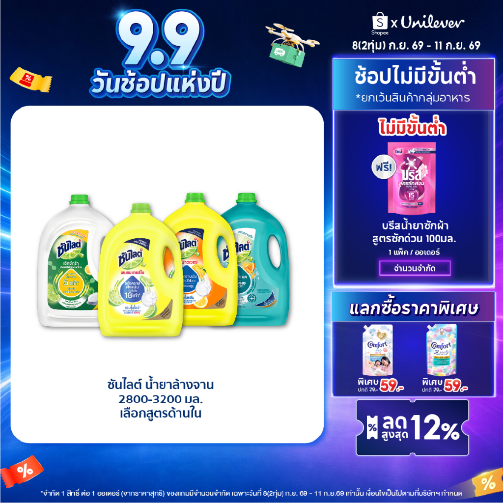 (อยู่ระหว่างเปลี่ยนแพคเกจ)ซันไลต์  น้ำยาล้างจาน ขจัดคราบมัน 2800 - 3200 มล x2 Sunlight  Dish Washing 2800 - 3200 ml x2