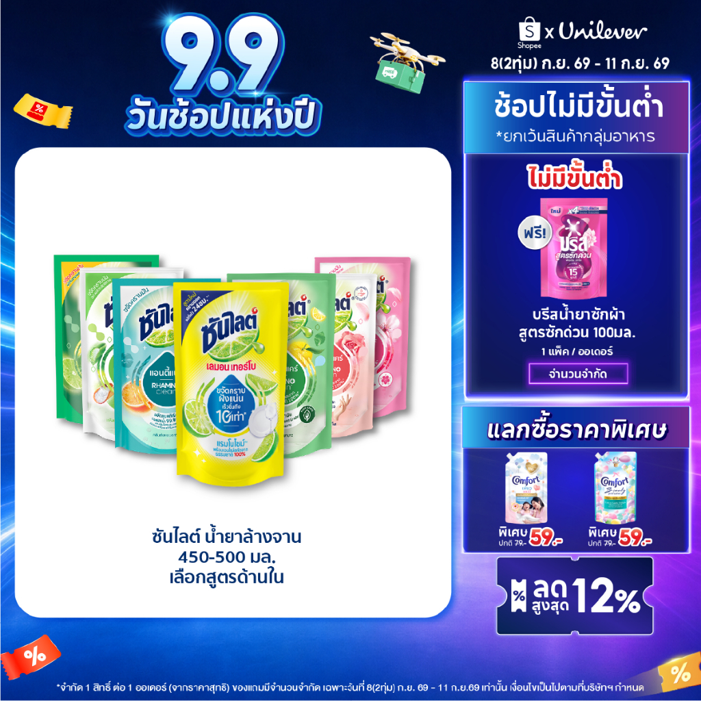 ซันไลต์ น้ำยาล้างจาน แบบถุง (2+1) 450-500 มล. x2 Sunlight Dishwashing Liquid (2+1) 450-500 ml. x2