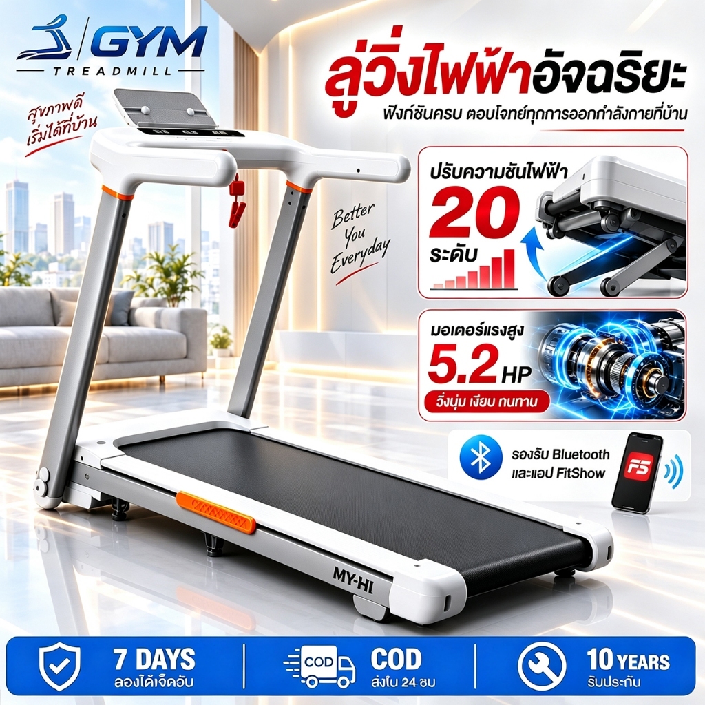 ลู่วิ่งไฟฟ้า U2 ลู่วิ่ง พับได้ มอเตอร์ 5.2HP ปรับความชันไฟฟ้า 20 ระดับ วัดอัตราหัวใจแบบพัลส์ที่มือจับ