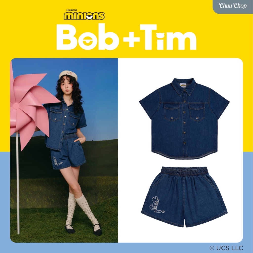 CHUUCHOP | S-XL | Minions Denim Set ชุดเซ็ตยีนส์ แยกใส่ได้ กระเป๋าเสื้อปัก Symbol กางเกงขาสั้น สกรีนลายมินเนี่ยน (CM006)