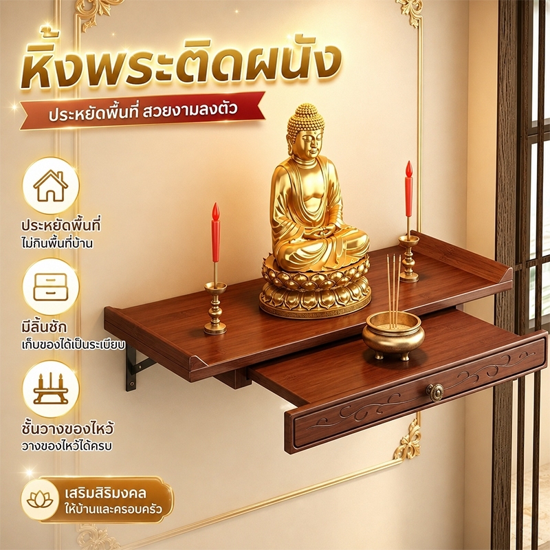 เสริมสิริมงคลให้บ้าน 🙏หิ้งพระติดผนัง ชั้นวางพระ แท่นบูชาพระ ไม้ แข็งแรง รับน้ำหนักดี ติดตั้งง่าย ประหยัดพื้นที่