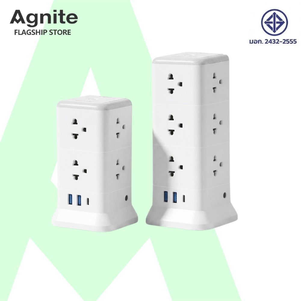 Agnite ปลั๊กไฟทรงสูง ปลั๊กคอนโด ปลั๊กตั้งโต๊ะ USB-A/Type-C 2300W มาตรฐานมอก. มีไฟไนท์ไลท์ Tower Sock