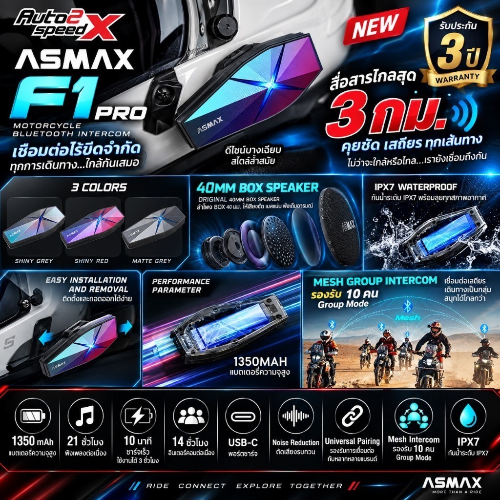 บลูทูธ Bluetooth ASMAX F1 PRO ออฟชั่นท๊อป ของแท้ รับประกัน3ปี บลูทูธติดหมวกกันน็อค
