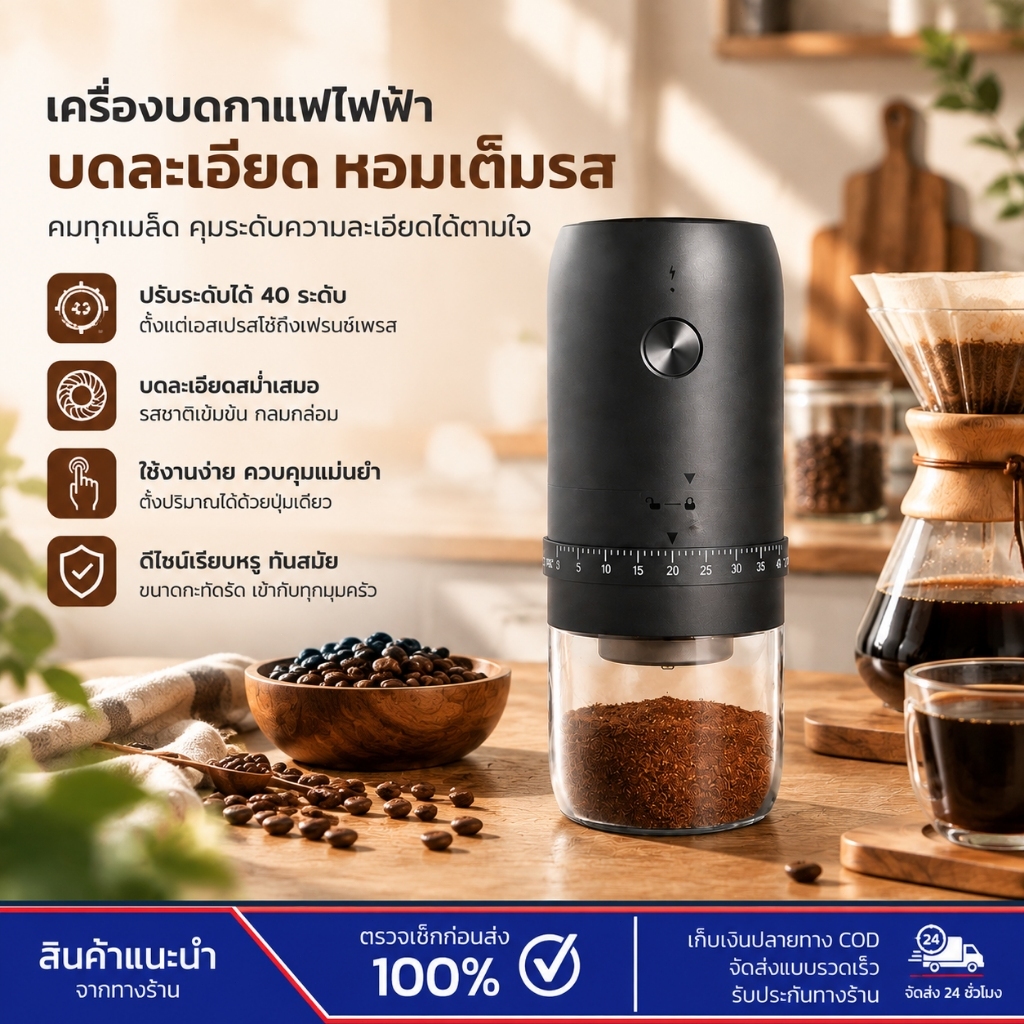 KL เครื่องบดกาแฟ เครื่องบดกาแฟอัตโนมัติ ปรับความละเอียดได้ ใช้ในครัวเรือน พกพาสะดวก บดอย่างรวดเร็ว