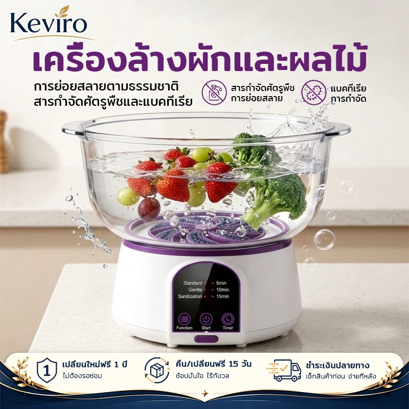 【Keviro】เครื่องล้างผักผลไม้อัตโนมัติ 3.8L ระบบน้ำวน 360° ไร้สาย 3 โหมด แบตเตอรี่ 4000mAh ล้างเนื้อและอาหารทะเล
