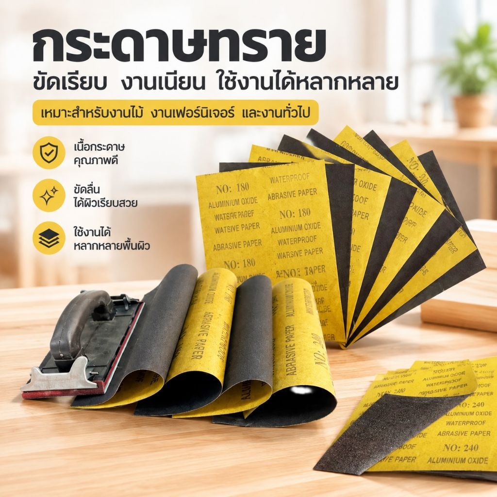 กระดาษทรายสำหรับขัดเปียกและขัดแห้ง 60 แผ่น 230 × 280 มม. ใช้กับงานไม้ เฟอร์นิเจอร์ โลหะ และรถยนต์