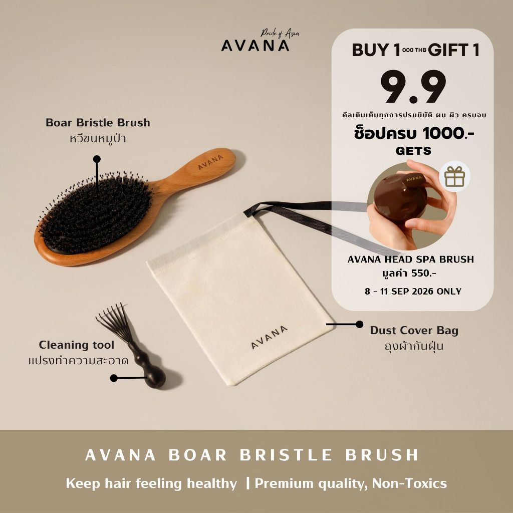 AVANA PREMIUM BOAR BRISTLE BRUSH หวีขนหมูป่า ผมเงางาม นุ่มเด้ง ในพริบตา