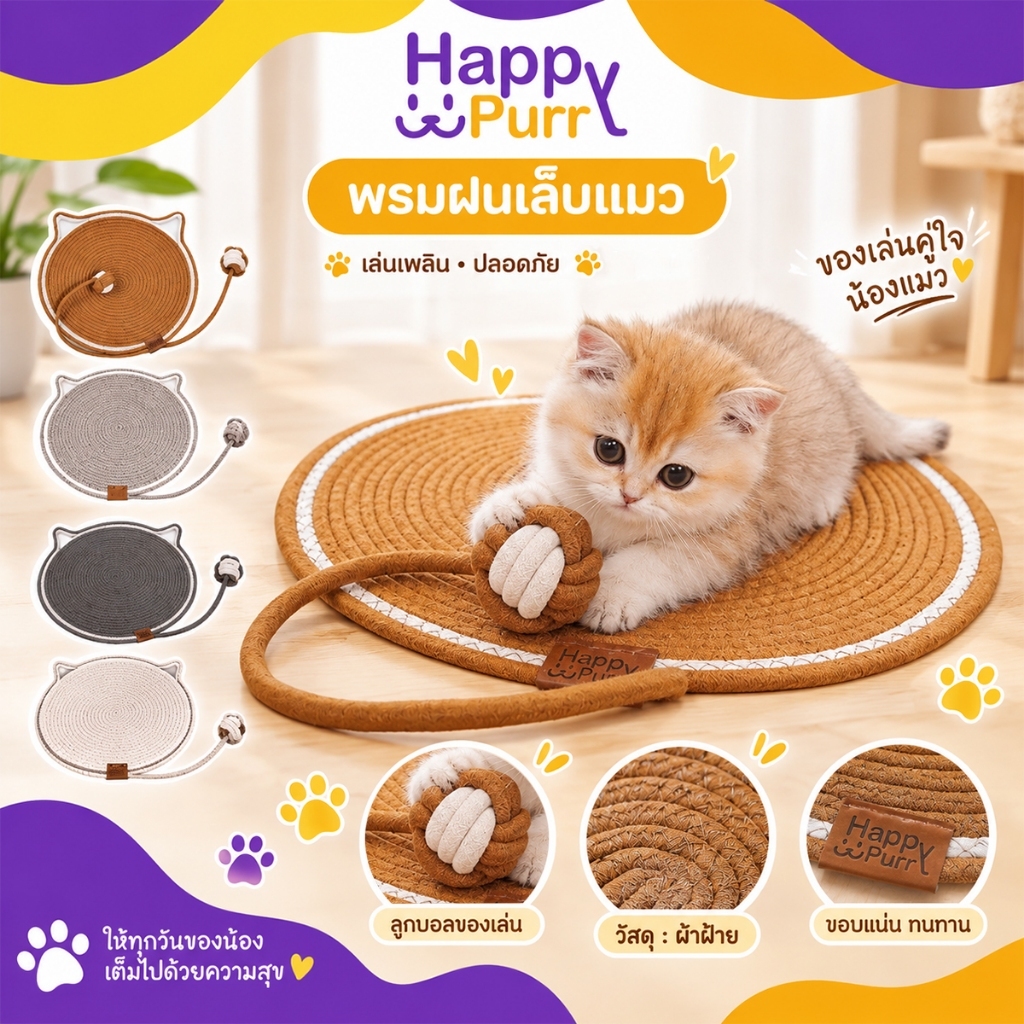 🐱พร้อมส่ง🐱 Happy Purr พรมฝนเล็บแมว ที่ฝนเล็บแมว ดีไซน์หน้าแมวน่ารัก สำหรับน้องแมว