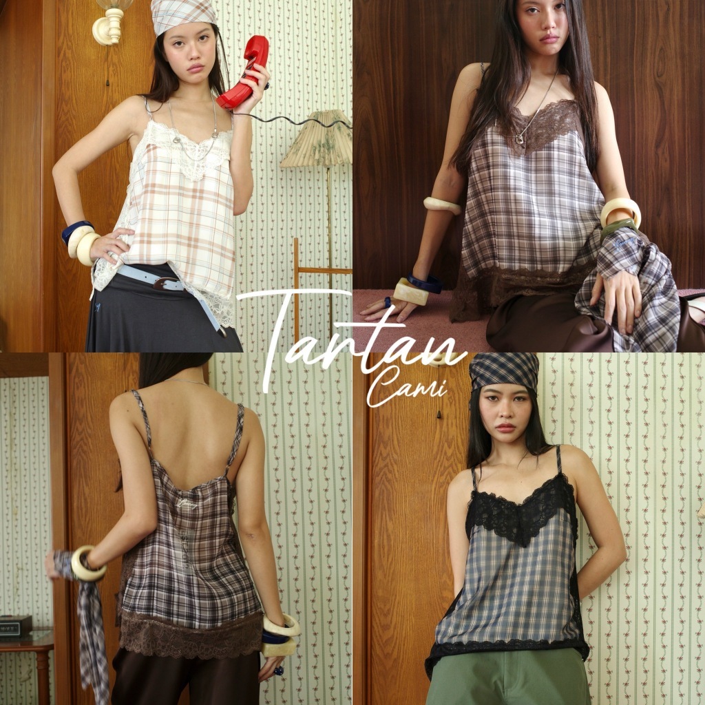LOONNYSTORE สายเดี่ยวลูกไม้ลายสก็อตรุ่น TARTAN CAMI :สายเดี่ยว+ผ้าโพกหัว ทรงตรงผ่าข้าง ผ้าลายสก็อตแต่งขอบลูกไม้ ปักโลโก้