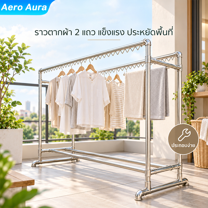 ราวตากผ้าท่อเหล็กสองแถว โครงเหล็ก ที่ตากผ้า ราวตากผ้า ยาว100-180cm สูง180cm ประกอบง่าย กันน้ำ รองรับได้ 300 กก