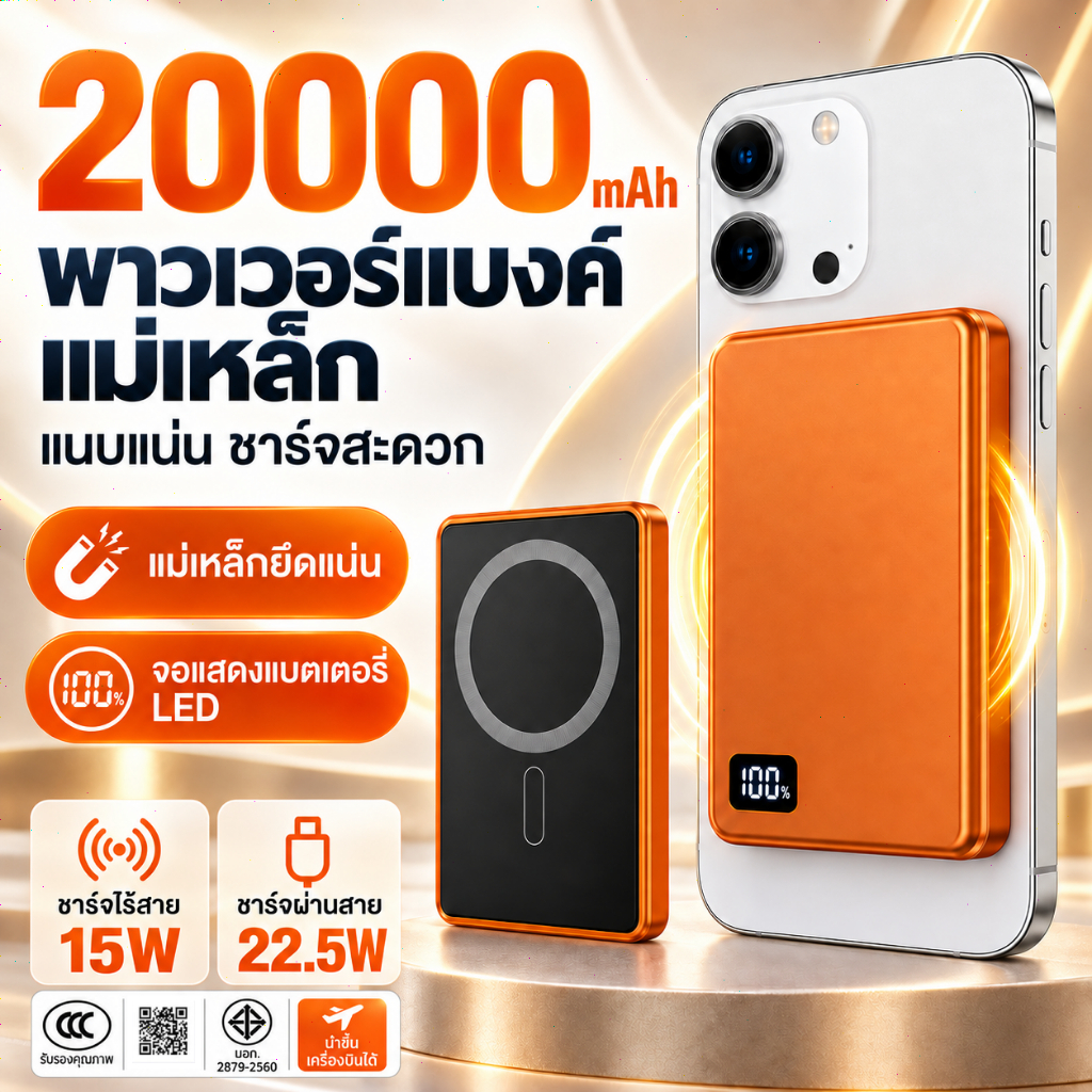 Slim Magnetic Power Bank 20000mAh PD20W แบตเตอรี่สำรองบางเฉียบ แม่เหล็กไร้สาย ชาร์จเร็ว พกพาง่าย