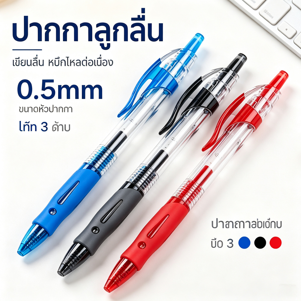 ปากกาเจลแบบกด 0.5mm มี 3 สี ด้ามใส มีกริป จับถนัดมือ เขียนลื่น เปลี่ยนไส้ได้ เครื่องเขียน สำหรับนักเรียน สำนักงาน