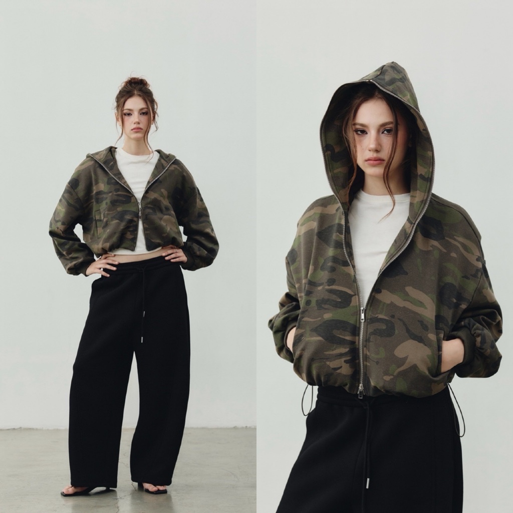 MALIMAYS - Rio Camo Hoodie Jacket เสื้อฮู้ดดี้แจ็กเก็ตลายทหาร  เสื้อฮู้ดดี้แจ็กเก็ตลายทหาร  ดีไซน์ทรงครอป โทนสีเข้มหม่นใ