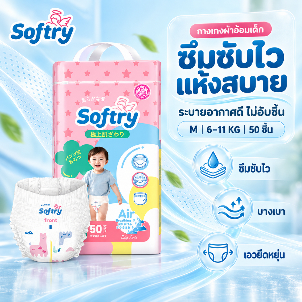 SoFtry 50 ชิ้น ผ้าอ้อมเด็ก กางเกง แบบเทป BABY DIAPER PANTS S/M/L/XL/XXL/XXXL