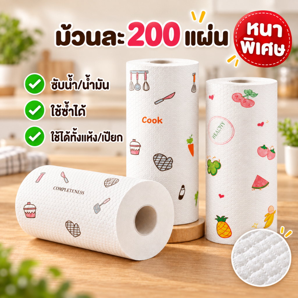กระดาษเช็ดครัวหนาพิเศษ อเนกประสงค์ ซับน้ำมันซับน้ำดี ไม่ขาดง่าย ไม่เป็นขุย เช็ดโต๊ะ จาน อุปกรณ์ครัว แบบแห้งและเปียก