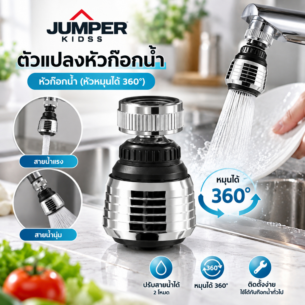 Jumper Kids ตัวแปลงหัวก๊อกน้ำ (หัวหมุนได้ 360°) สีเงิน
